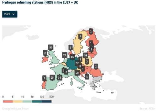 ACEA publishes interactive map showing hydrogen truck refueling stations needed in Europe by 2025 and 2030