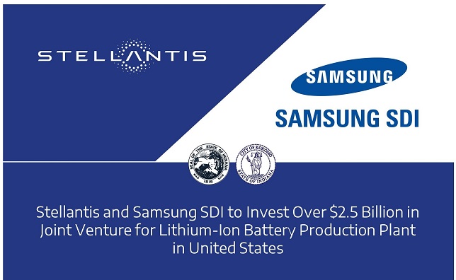 Stellantis and Samsung SDI to invest over $2.5 billion in joint venture for lithium-ion battery production plant in United States